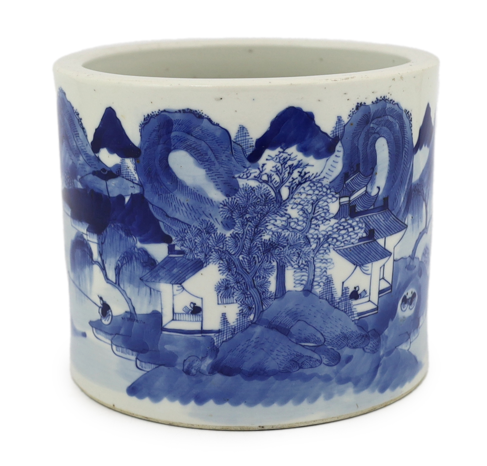 A Chinese blue and white ‘landscape’ cylindrical brushpot, bitong, 19th century